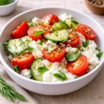 A healthy Cottage Cheese and Tomato Bowl with avocado and seasoning.
