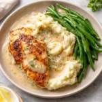 Skillet of Creamy Garlic Parmesan Chicken Breast in a rich white sauce.