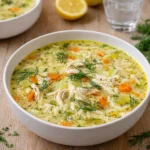 A bowl of Creamy Greek Lemon Chicken Soup garnished with fresh dill and lemon.