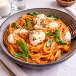 A bowl of Creamy Red Pepper Pasta with Burrata and Herbs with melted cheese and basil.