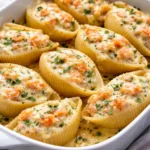 A baking dish of Creamy Seafood Stuffed Shells with melted cheese and marinara sauce.