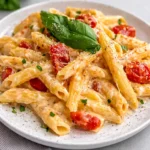 Delicious Creamy Tomato Ricotta Pasta with fresh basil and cherry tomatoes.