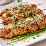 Golden brown Garlic Parmesan Blackstone Chicken on a wooden board.