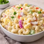 Gordon Ramsay Macaroni Salad in a white bowl for a summer picnic.