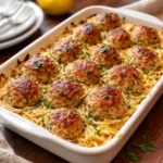 Greek Chicken Meatballs with Lemon Orzo served in a bowl with feta and dill.