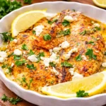 Greek Chicken with Lemon and Feta platter with parsley and lemon wedges