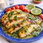 Grilled Salsa Verde Pepper Jack Chicken with melted cheese and cilantro.