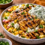 A vibrant Healthy Chicken and Street Corn Bowl with grilled chicken and fresh vegetables.