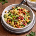 High Protein Three Bean Salad in a white bowl on a wooden table.