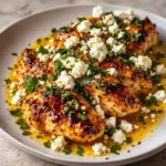 Juicy Hot Honey Feta Chicken in a baking dish with melted cheese and parsley.
