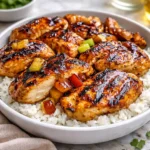 A platter of glazed Huli Huli Chicken with grilled pineapple