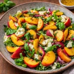 A fresh Irresistible Peach Salad with spinach and feta