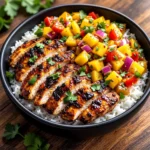 Jerk Chicken Bowls with Mango Salsa and Coconut Rice served in a bowl.