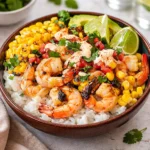 Mexican Street Corn Shrimp Bowls with avocado and lime