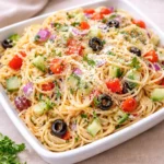 A colorful bowl of Quick Spaghetti Salad With Italian Dressing on a wooden table.