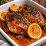 Whole Roasted Orange Chicken with citrus glaze and fresh herbs