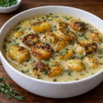 A steaming bowl of Rustic Country French Garlic Soup with baguette slices