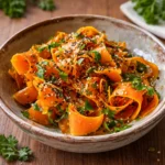 Sesame Ginger Carrot Ribbon Salad in a grey bowl