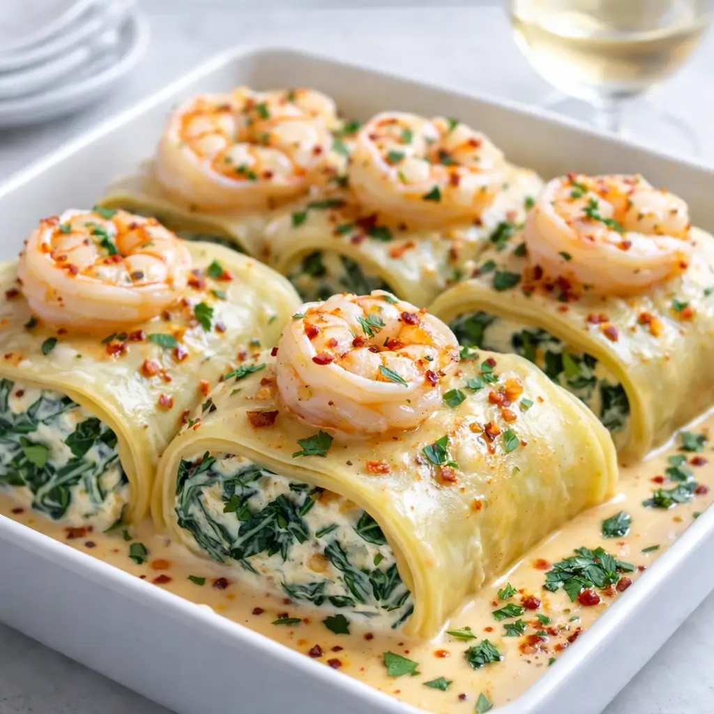 Shrimp and Spinach Stuffed Pasta Rolls with Roasted Red Pepper Cream