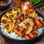 Sriracha Honey Salmon Bowls with glazed salmon and roasted cauliflower.