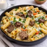 A bubbling hot Steak and Blue Cheese Rigatoni Bake in a white baking dish.