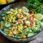 Street Corn Creamy Cucumber Chicken Salad in a white bowl.
