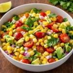 A vibrant bowl of Summer Corn Salad with Avocado on a wooden table.