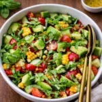 A vibrant Summer Salad With Corn, Strawberries and Avocado in a white bowl with gold spoons.