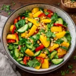 A vibrant Thai Mango Salad with peanuts and cilantro in a white bowl.