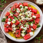 Refreshing Watermelon and Feta Salad in a white bowl with mint garnish