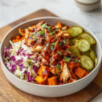 BBQ Chicken Bowls with Sweet Potatoes, Coleslaw, and Pickles Recipe