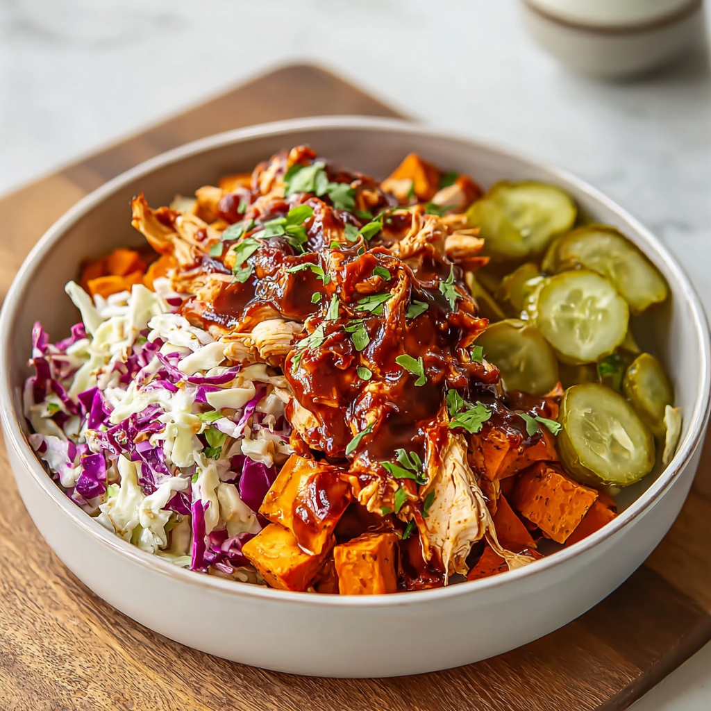 BBQ Chicken Bowls with Sweet Potatoes, Coleslaw, and Pickles Recipe