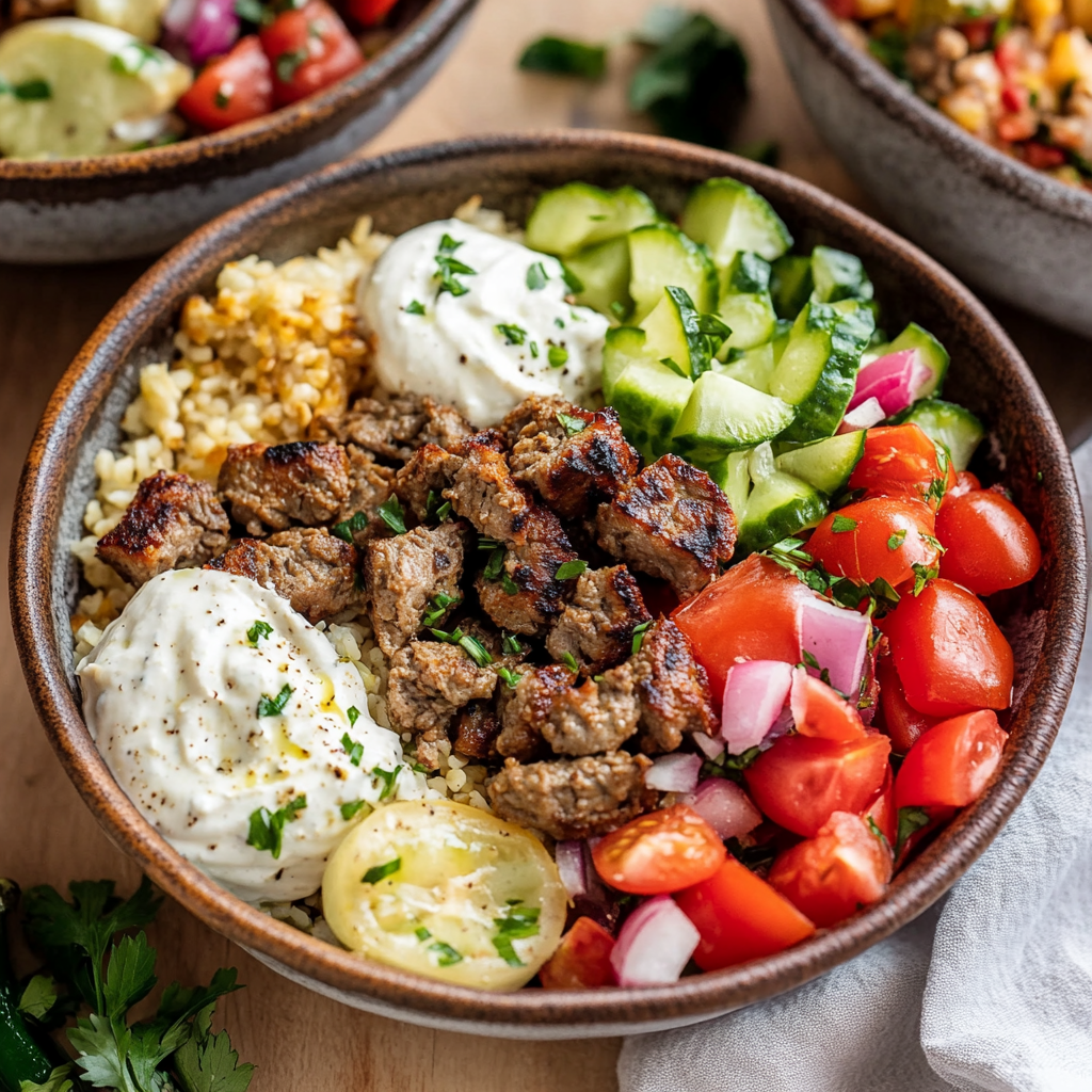 Gyro Bowls: Craving-Inducing Meatballs with Tzatziki, Lemon Rice, and Cucumber Salad in 35 Minutes