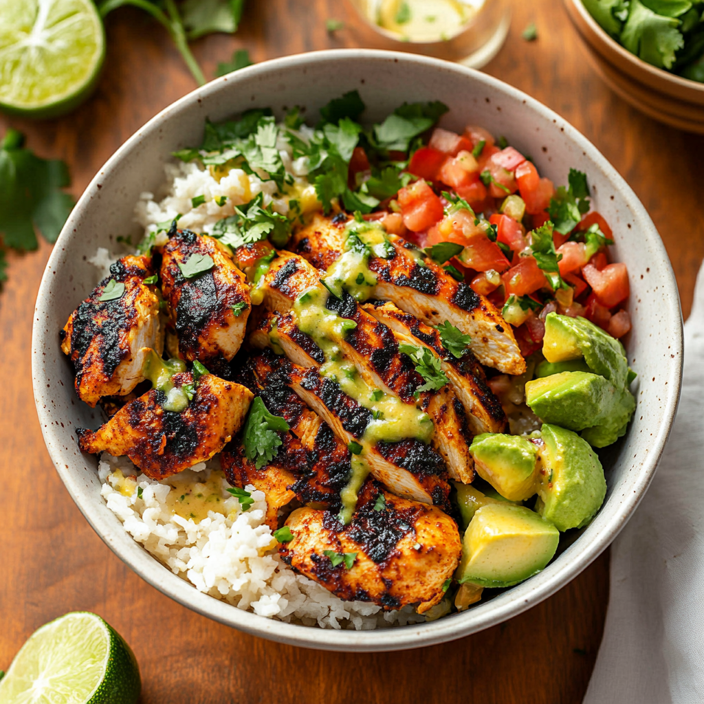 Cilantro Lime Chicken Bowls with Avocado Salsa and Chipotle Sauce