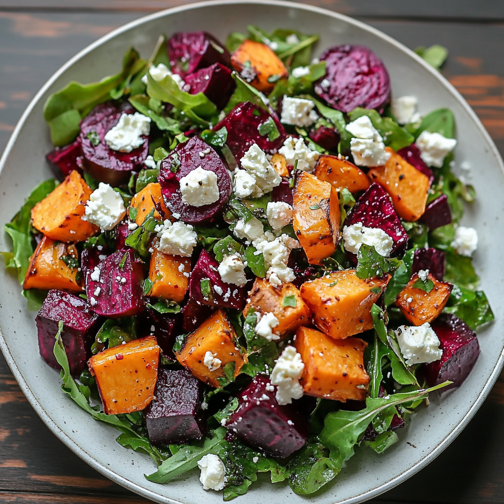 Creamy Roasted Beet Salad with Sweet Potato & Feta