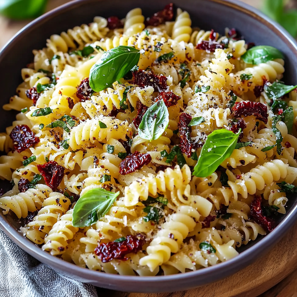 Delicious Pasta Salad with Basil and Sundried Tomatoes