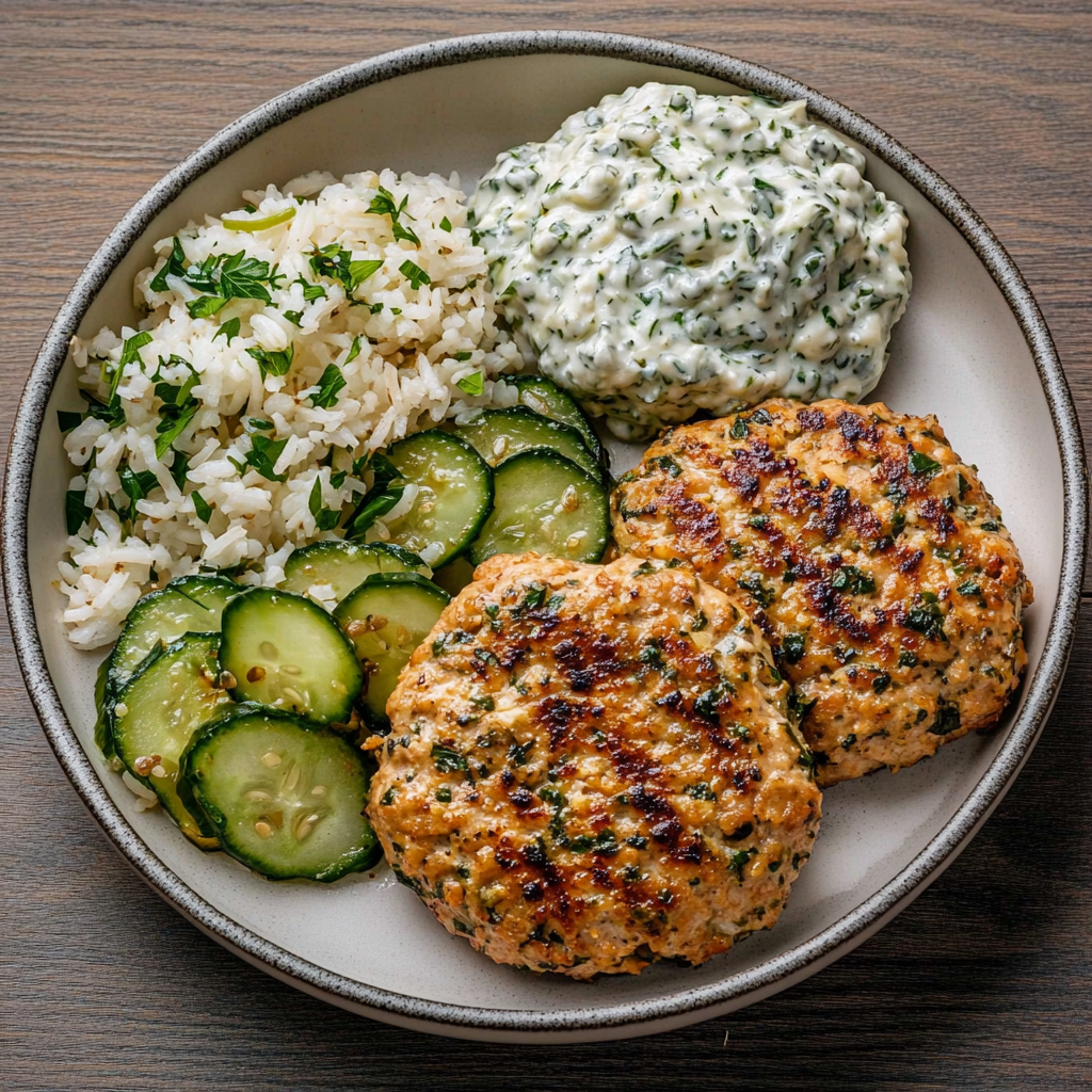 Herby Turkey Burgers with Za’atar Cucumber Salad, Tzatziki & Buttery Rice