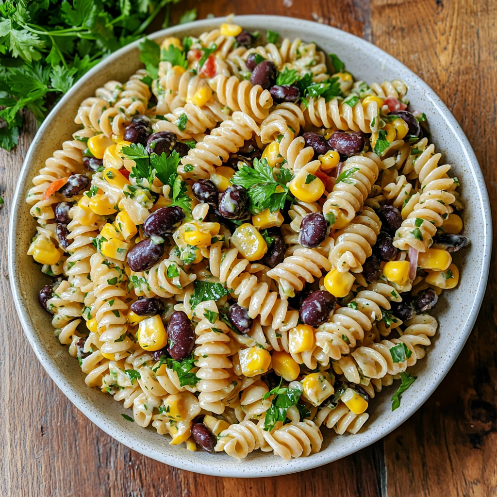 Healthy Black Bean and Corn Pasta Salad with Lime Greek Yogurt Dressing
