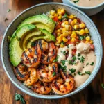 Grilled Shrimp Bowl with Avocado, Corn Salsa & Creamy Sauce