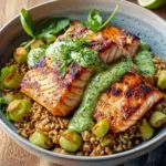 Pan-Seared Salmon Bowls with Green Goddess Sauce and Farro
