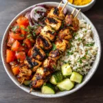 Mediterranean Rice Bowl with Grilled Chicken Tawook Skewers