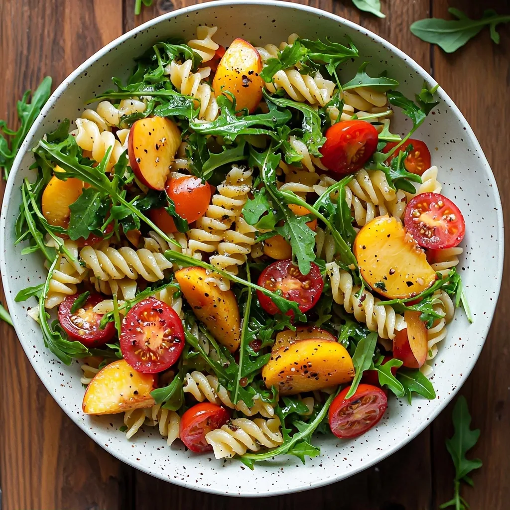 Peach Pasta Salad with Arugula and Tomatoes