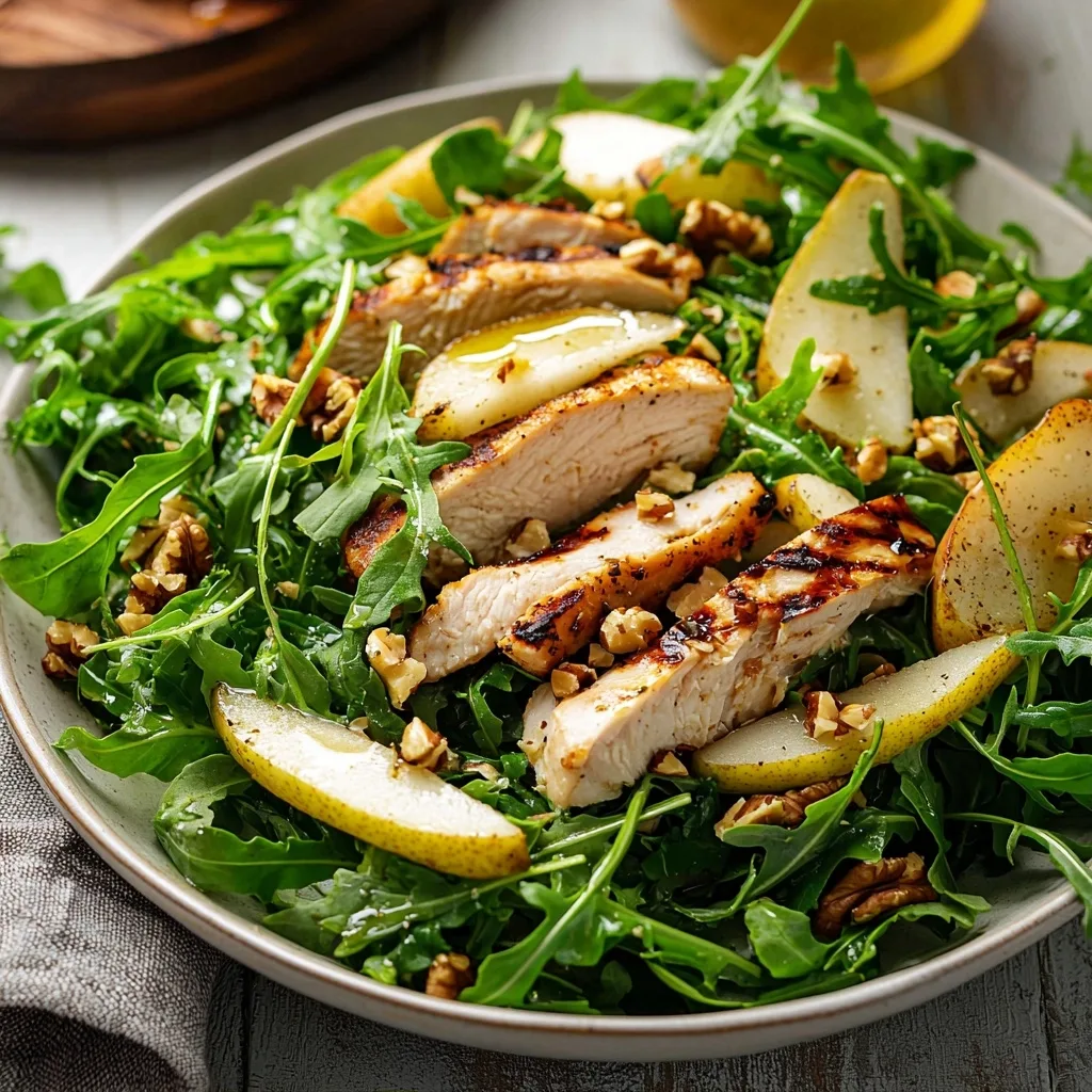 Grilled Chicken Arugula Salad with Pears and Walnuts