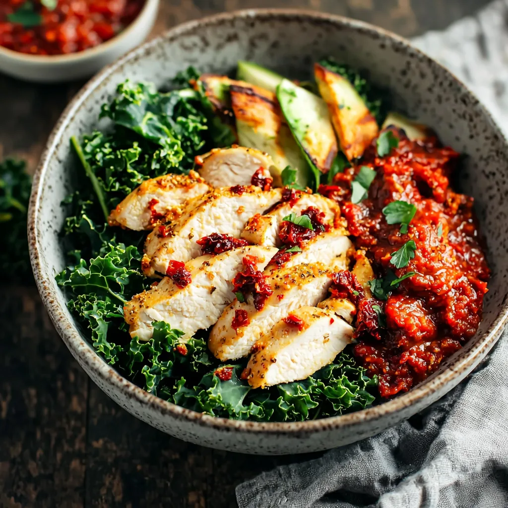 Marinated Kale and Chicken Bowls with Sun Dried Tomato Sauce