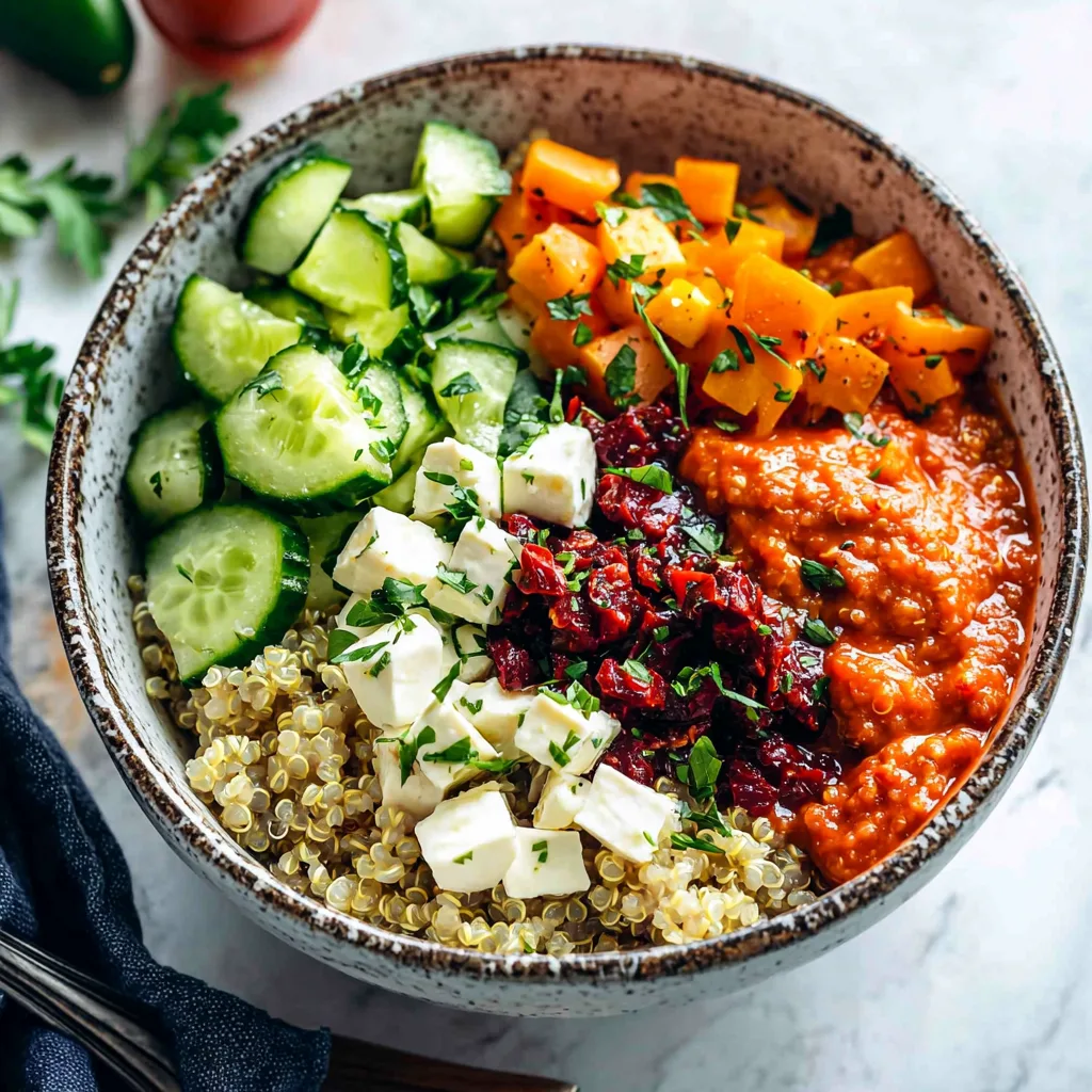 Mediterranean Quinoa Bowls with Roasted Red Pepper Sauce