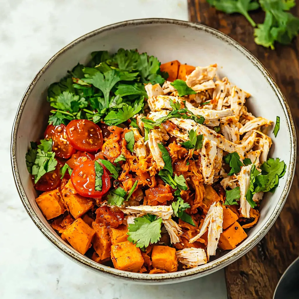 Spicy Sweet Potato Bowls with Shredded Chicken