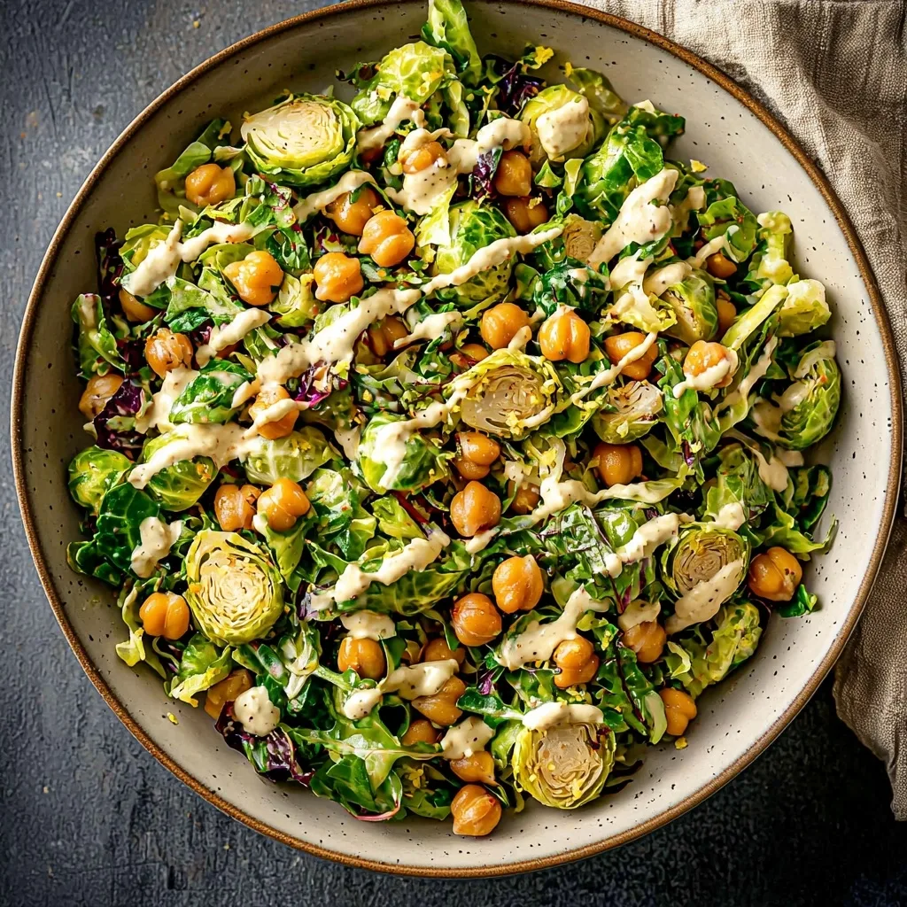 Shaved Brussels Sprouts Salad with Chickpeas and Lemon Tahini