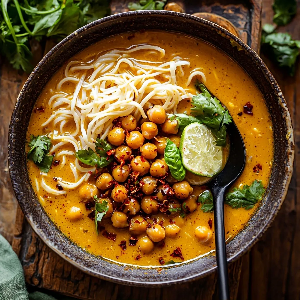 30 Minute Coconut Curry Noodle Soup with Chili Crisp Chickpeas