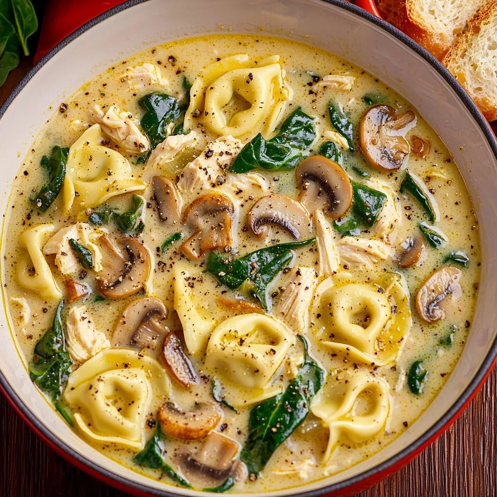 Creamy Chicken, Spinach and Mushroom Tortellini Soup