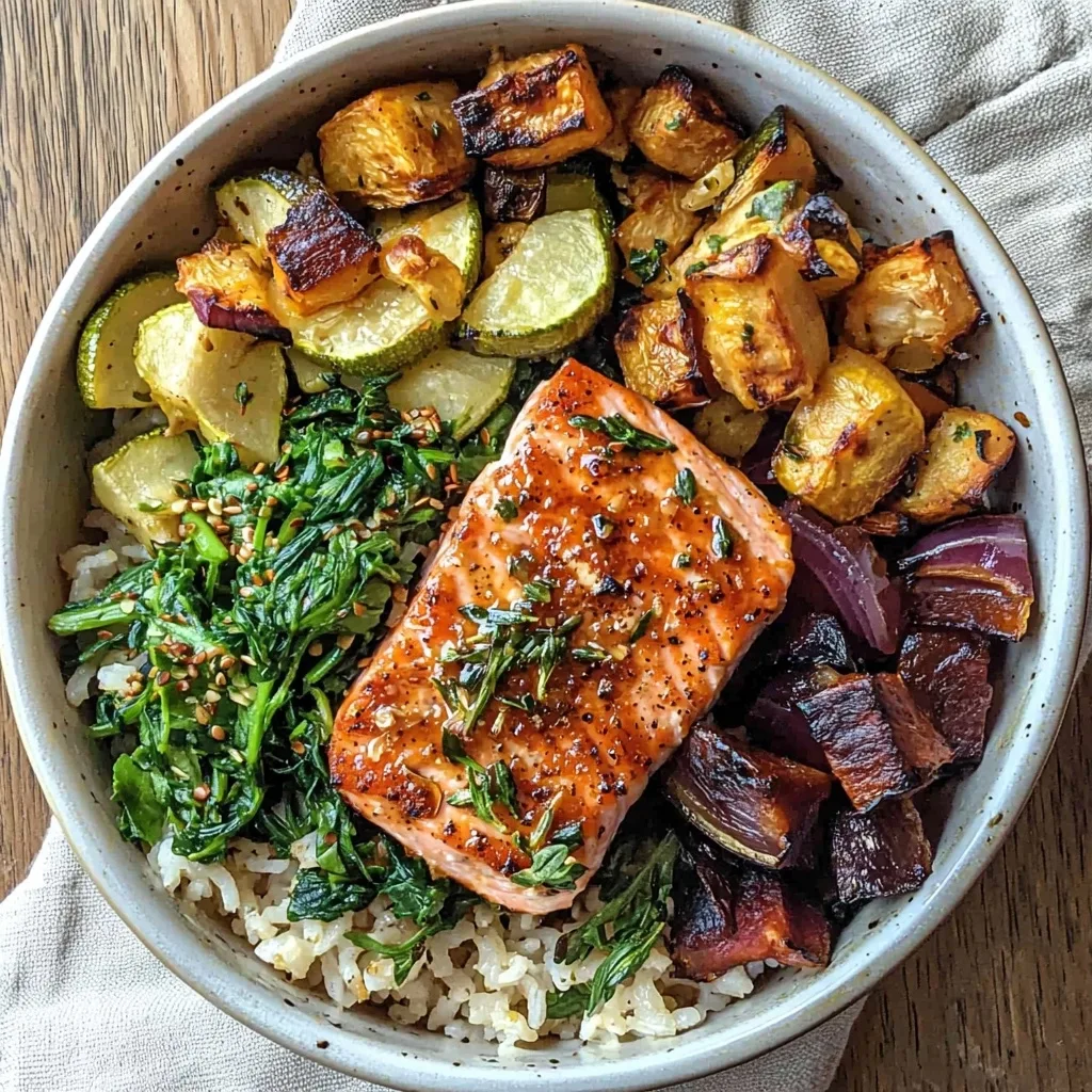 Healthy Salmon Rice Bowl Recipe with Roasted Veggies
